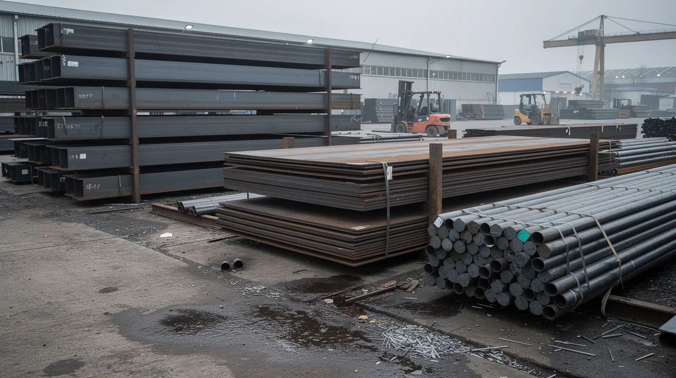 Auf einem Industriegelände sind verschiedene Stahlprodukte wie Träger, Bleche und Rohre sichtbar, die aus unterschiedlichen Stahlsorten bestehen. Diese Produkte zeigen die Vielfalt der Werkstoffe und deren Eigenschaften, die in der Bau- und Automobilindustrie Anwendung finden.