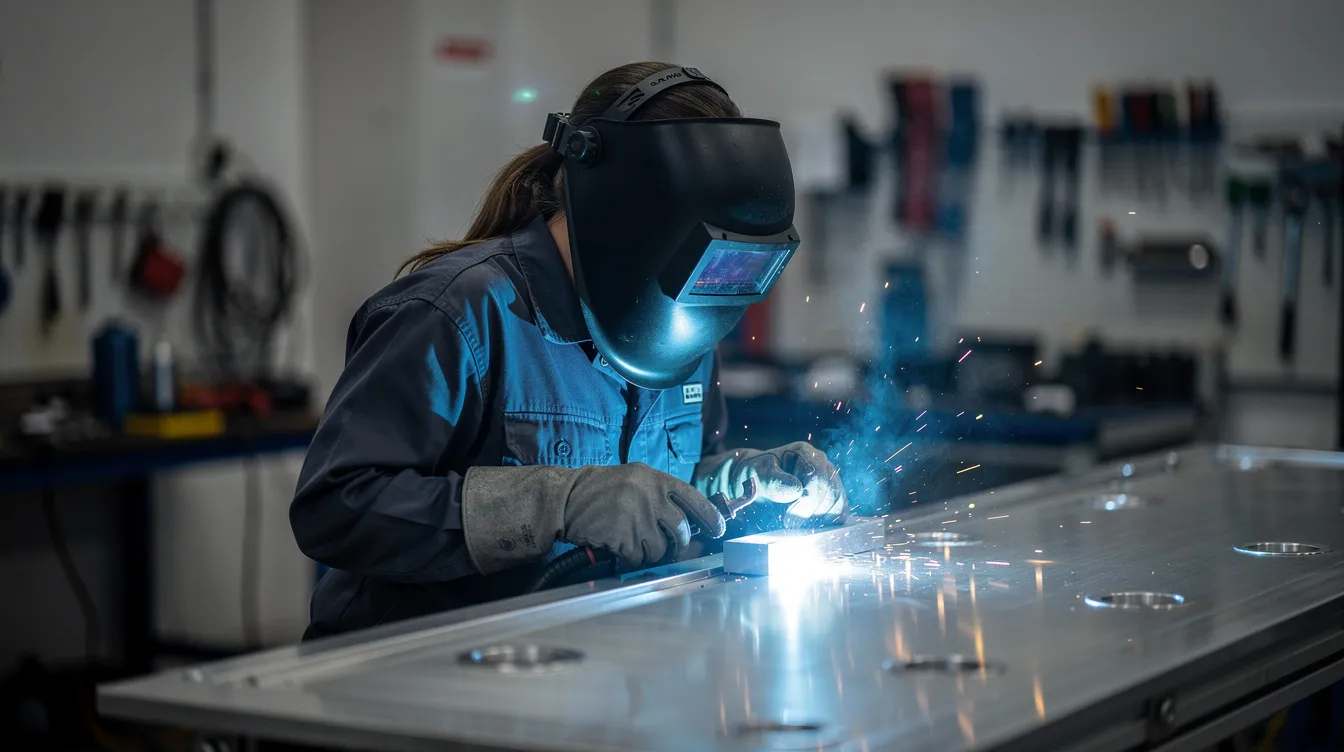 Eine konzentrierte Schweißerin mit Schutzvisier arbeitet an einem Aluminiumbauteil in einer modernen Werkstatt, während sie verschiedene Schweißtechniken anwendet. Die Umgebung ist geprägt von Maschinen und Werkzeugen, die für die Schweißerausbildung und -prüfung genutzt werden.