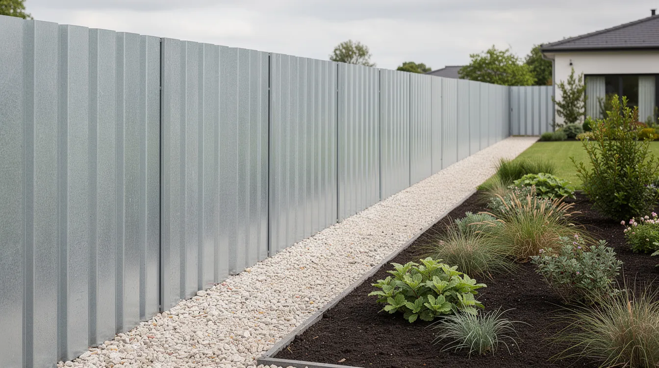 Ein verzinkter Stahlzaun dient als Sichtschutz entlang einer Grundstücksgrenze und trennt den Gartenbereich von einem angrenzenden Kiesweg und Pflanzenbeet. Die stabilen Sichtschutzelemente aus Metall bieten Privatsphäre und tragen zur ansprechenden Gartengestaltung bei.
