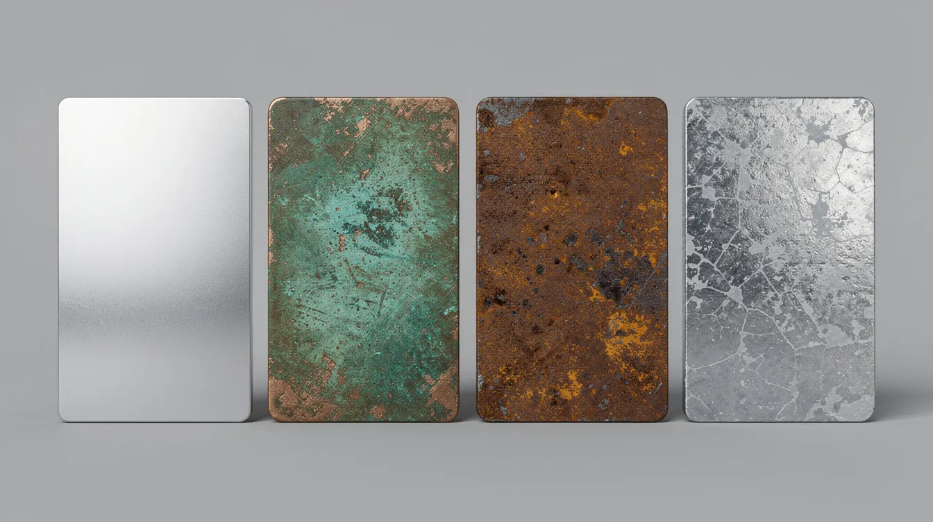 Das Bild zeigt verschiedene Metallplatten nebeneinander: glänzendes Aluminium, eine grünliche Kupferpatina, rostiger Stahl und silbriger Zink. Diese Metalloberflächen verdeutlichen die unterschiedlichen Effekte von Korrosion und Rostbildung sowie die Vielfalt der Materialien, die in der Industrie verwendet werden.