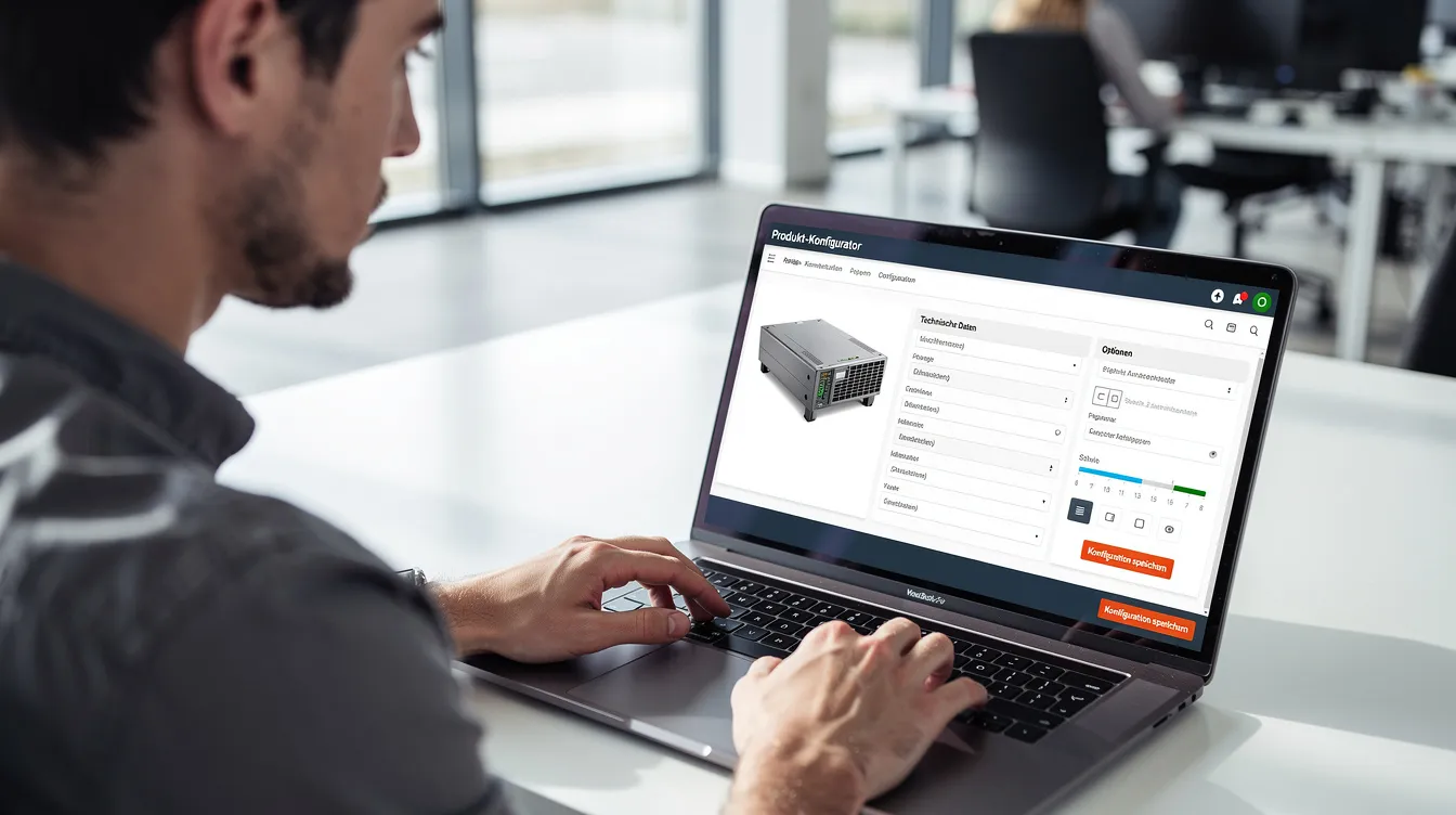 Eine Person sitzt an einem Laptop und konfiguriert ein technisches Produkt mithilfe eines Online-Tools, das speziell für die Auswahl von Gitterrosten und deren Abmessungen entwickelt wurde. Auf dem Bildschirm sind verschiedene Kategorien und Optionen sichtbar, die es ermöglichen, die passenden Materialien und Ausführungen für industrielle Anwendungen oder Treppenanlagen auszuwählen.