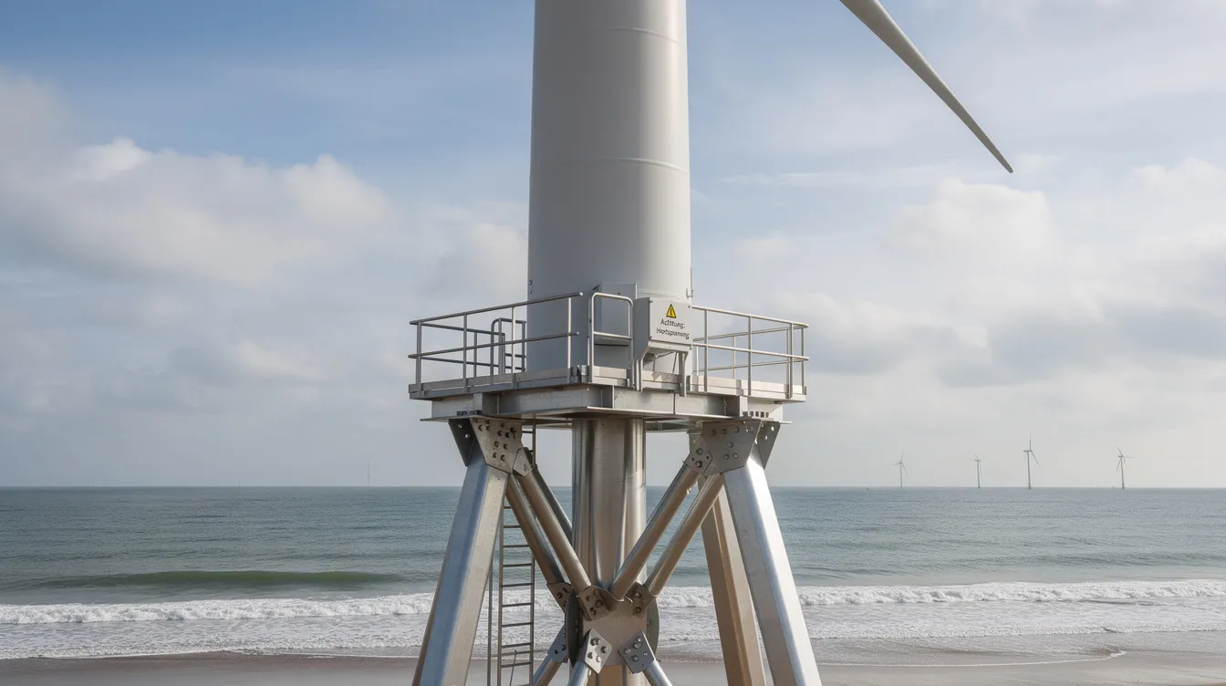 Die moderne Stahlkonstruktion einer Windkraftanlage an der Küste zeigt robuste Stahlbauteile, die für den Einsatz in korrosiven Umgebungen konzipiert sind. Diese Konstruktion nutzt Korrosionsschutzmaßnahmen wie Feuerverzinkung, um die Lebensdauer und Stabilität der Anlage zu gewährleisten.