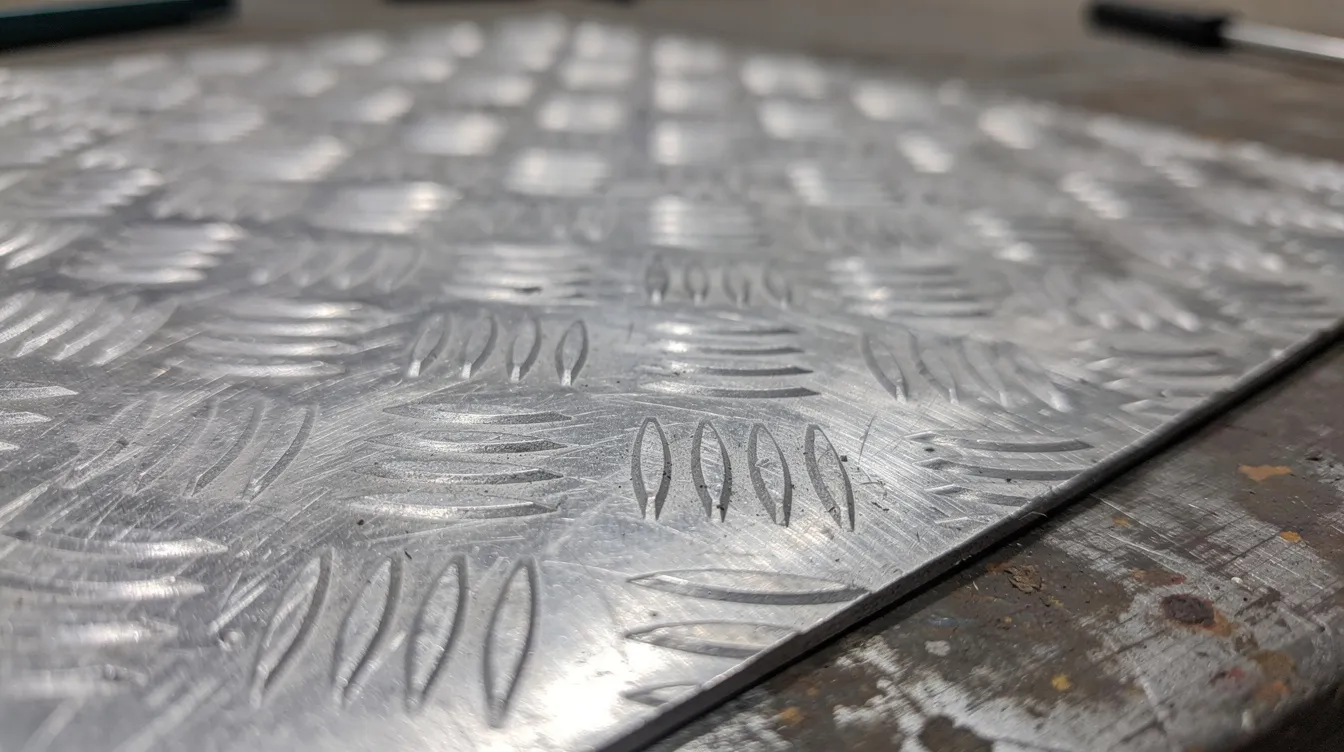 Die Nahaufnahme zeigt eine Aluminium-Riffelblech-Oberfläche mit erhabenen Noppen und einem diamantähnlichen Muster, die auf einer Werkbank liegt. Die Struktur des Blechs sorgt für Rutschfestigkeit und Stabilität, was es ideal für verschiedene Anwendungen in der Industrie macht.