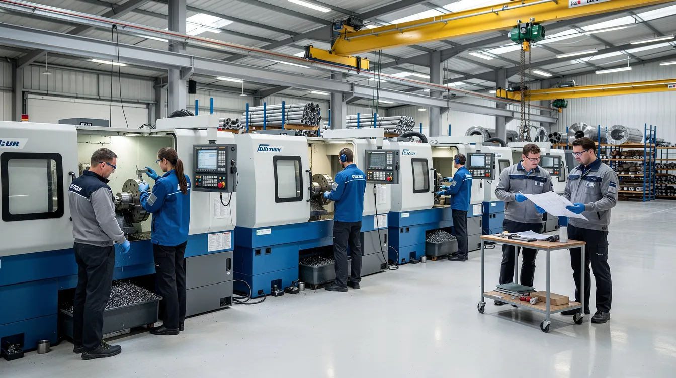 In einer großen Produktionshalle arbeiten Fachkräfte in Arbeitskleidung an CNC-Drehmaschinen, um Metallteile zu fertigen. Die Szene zeigt die effiziente Organisation der Fertigungsprozesse in der Metallverarbeitung, die für den Erfolg in der Industrie entscheidend ist.