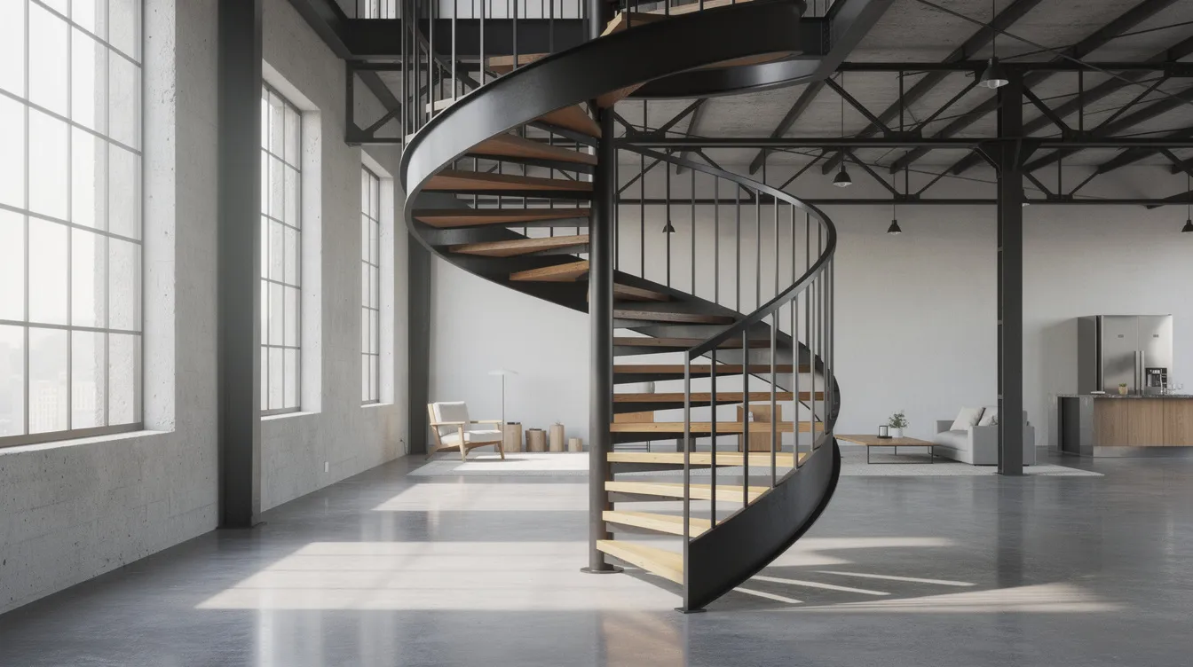 Eine moderne Metall-Wendeltreppe mit einer sichtbaren Stahlkonstruktion und Holzstufen führt in einem offenen Loft nach oben. Die elegante Treppenform kombiniert Funktionalität und Design, während das Geländer aus Edelstahl für Sicherheit sorgt.