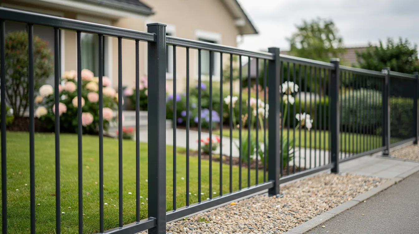 Ein frisch gestrichener anthrazitfarbener Metallzaun steht vor einem gepflegten Vorgarten, der mit bunten Blumen und grünen Sträuchern dekoriert ist. Der Zaun, der als Schutz und Abgrenzung dient, zeigt eine glatte Oberfläche und eine gleichmäßige Farbschicht.