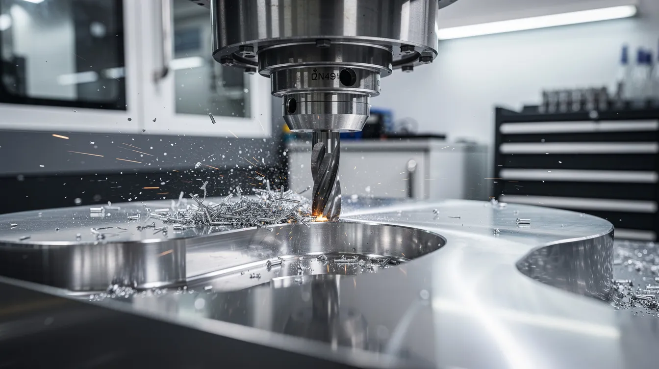 Die Nahaufnahme zeigt eine CNC-Fräsmaschine, die präzise an einem Metallwerkstück in einer modernen Werkstatt arbeitet. Diese Maschine ist ein wichtiges Werkzeug im Werkzeugbau und spielt eine entscheidende Rolle in der Fertigung von hochwertigen Produkten.