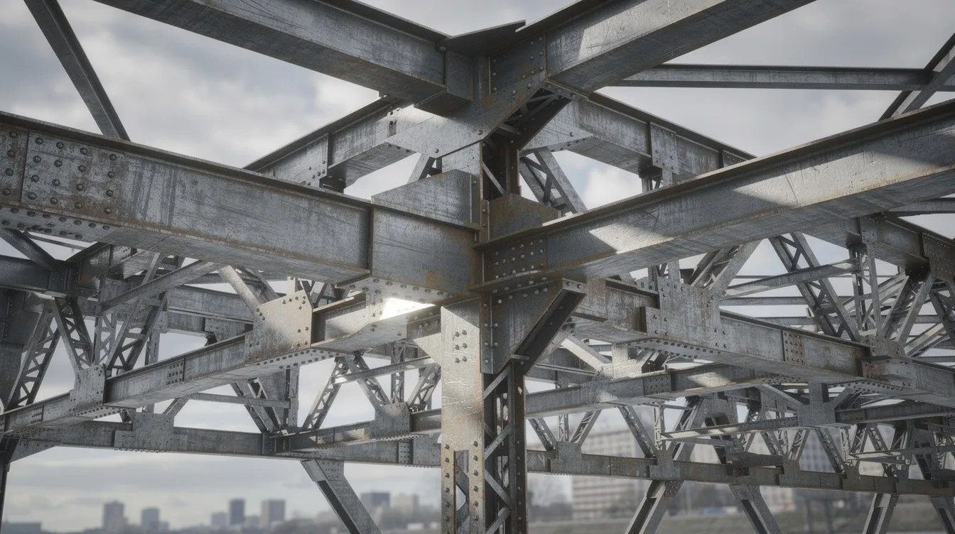 Die Stahlkonstruktion einer Brücke zeigt sichtbare Träger und Verbindungselemente, die aus verschiedenen Stahlsorten gefertigt sind. Diese Konstruktion verdeutlicht die Eigenschaften und Anwendungsmöglichkeiten von Baustählen, die in der modernen Stahlbau-Technologie verwendet werden.
