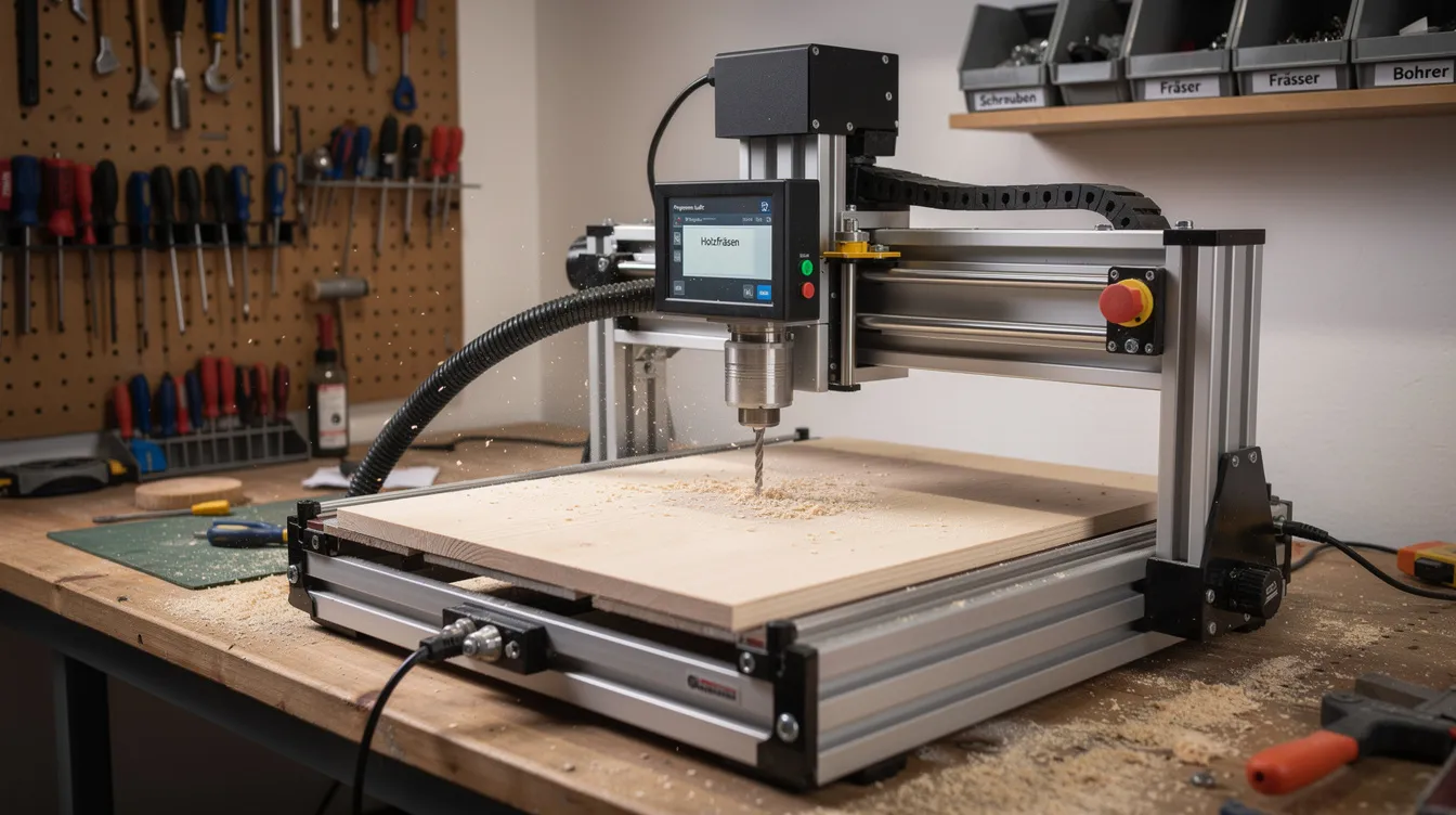 Eine kompakte CNC-Portalfräse steht in einer Hobbywerkstatt und fräst präzise eine Holzplatte. Im Hintergrund sind Werkzeuge und Materialien sichtbar, die für die Programmierung und Bedienung der CNC-Maschine verwendet werden.