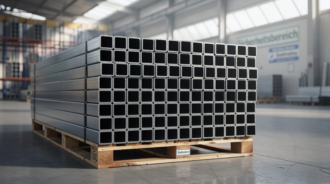 Ein Stapel von Stahlvierkantrohren mit quadratischem Querschnitt liegt in einer Lagerhalle, bereit für den Einsatz in verschiedenen Bauprojekten. Die Rohre sind aus hochwertigem Material gefertigt und zeichnen sich durch ihre Stabilität und Festigkeit aus.