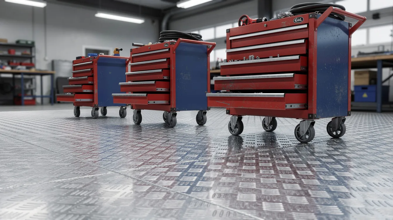 Der Werkstattboden ist mit Aluminium-Riffelblech verlegt, das eine rutschfeste Oberfläche bietet, während mehrere Werkzeugwagen darauf stehen. Die Struktur des Riffelblechs sorgt für Stabilität und Sicherheit in der industriellen Umgebung.