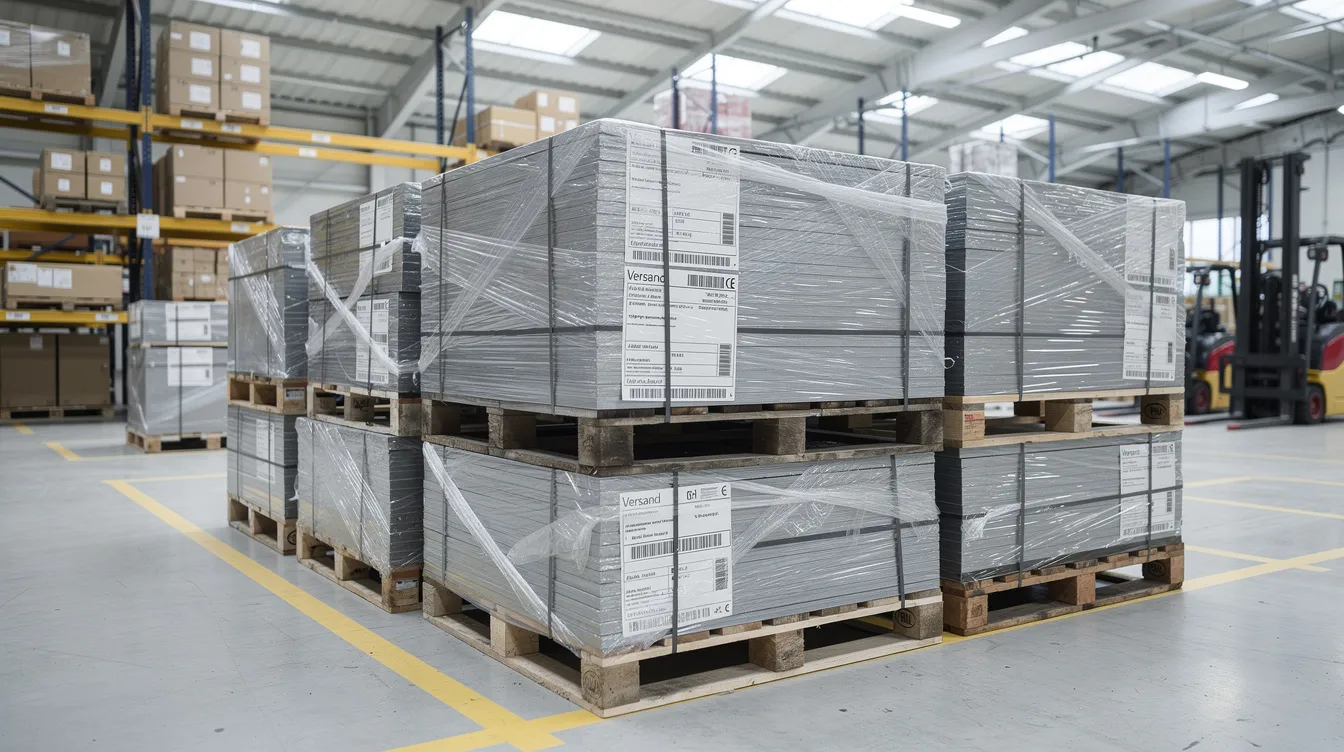 Im Bild sind mehrere verpackte Stahlblechtafeln auf Holzpaletten zu sehen, die bereit zum Versand in einem Logistiklager stehen. Die Tafeln weisen eine Materialstärke von 1,5 mm auf und sind sorgfältig für die Lieferung vorbereitet, um die Qualität und Festigkeit des Stahls zu gewährleisten.