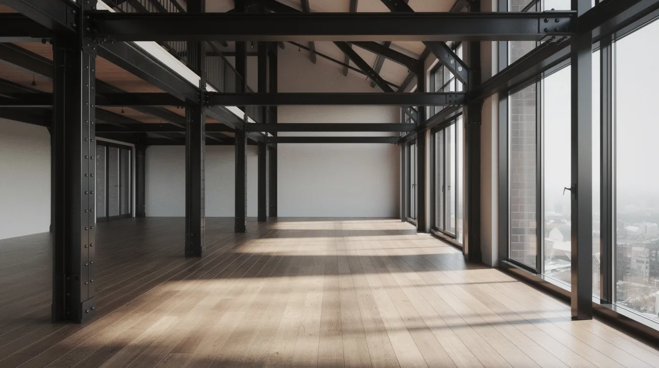 Die industrielle Stahlkonstruktion in der modernen Loftwohnung zeigt sichtbare schwarze Stahlträger, die mit einem warmen Holzboden und großen Fenstern harmonieren. Dieses Design vereint die Eigenschaften von Baustahl und Holz und schafft eine ansprechende Optik im Innenbereich.