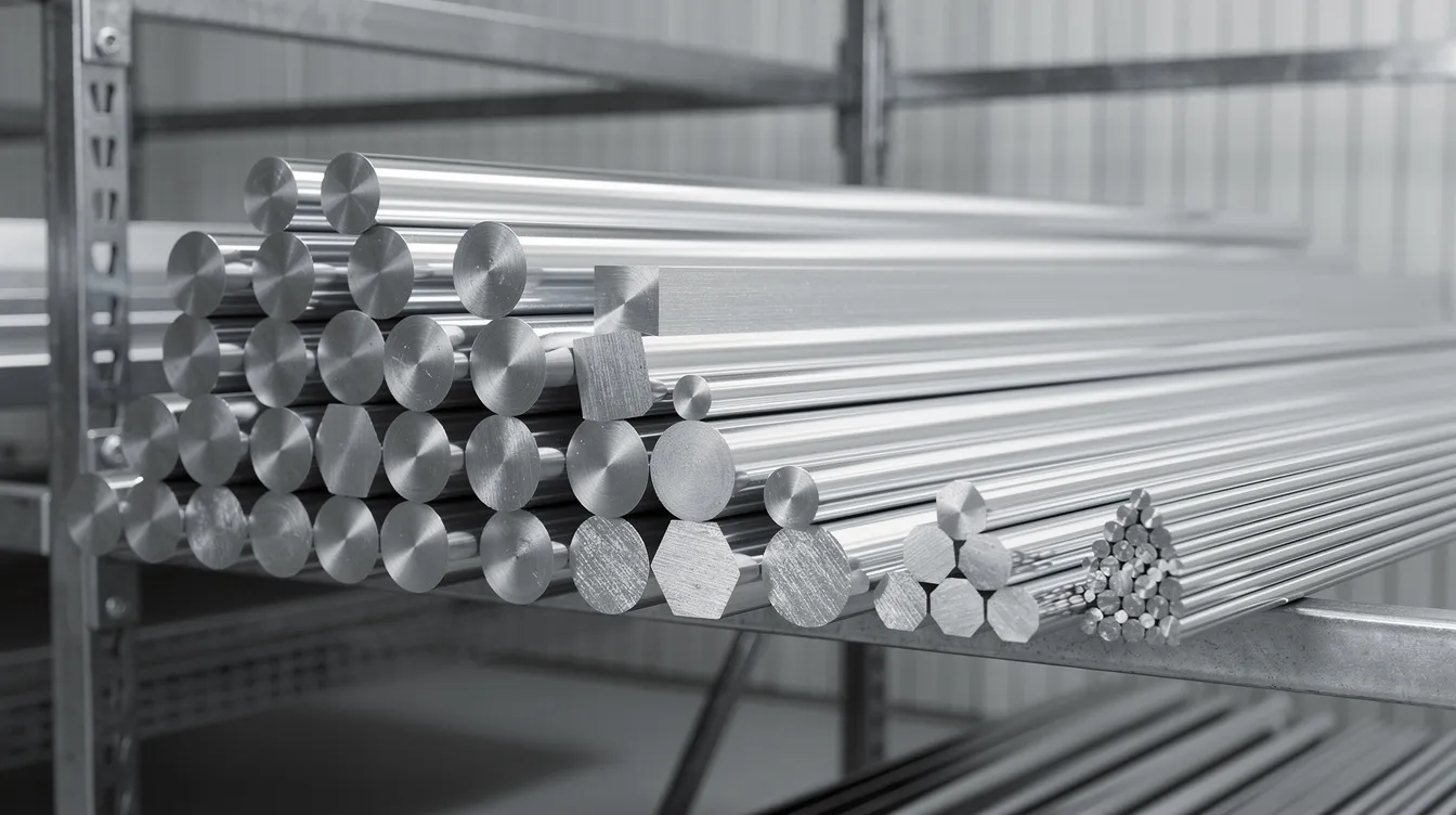 Auf einem Industrieregal liegen glänzende Stahlstäbe in verschiedenen Profilformen, darunter runde, flache und sechskantige Stäbe. Diese Stäbe zeichnen sich durch ihre hohe Maßgenauigkeit und Oberflächenqualität aus, was sie ideal für den Maschinenbau und die Fertigung von präzisen Maschinenteilen macht.