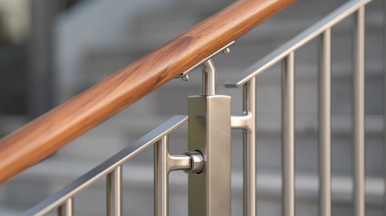 Die Nahaufnahme zeigt ein modernes Edelstahl-Geländer an einer Außentreppe, das mit senkrechten Stäben und einem Holzhandlauf gestaltet ist. Die Kombination aus Metall und Holz verleiht der Außentreppe ein elegantes und zeitgemäßes Erscheinungsbild.