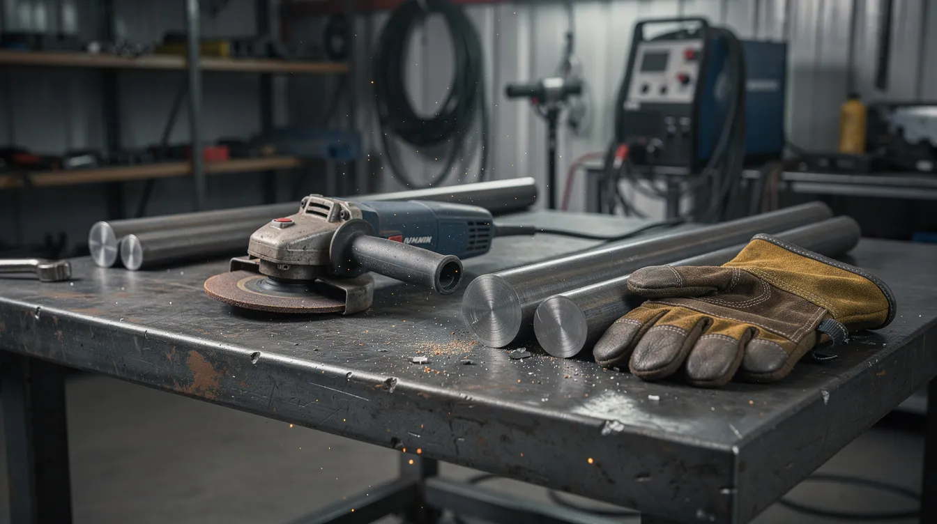 In einer Metallwerkstatt liegen ein Winkelschleifer, Stahlrohre und Schutzhandschuhe auf einer Werkbank, die für DIY-Projekte wie den Bau eines Gartengrills verwendet werden können. Diese Szene vermittelt das Thema "grill selber bauen" und zeigt die notwendigen Werkzeuge und Materialien für ein erfolgreiches Projekt.