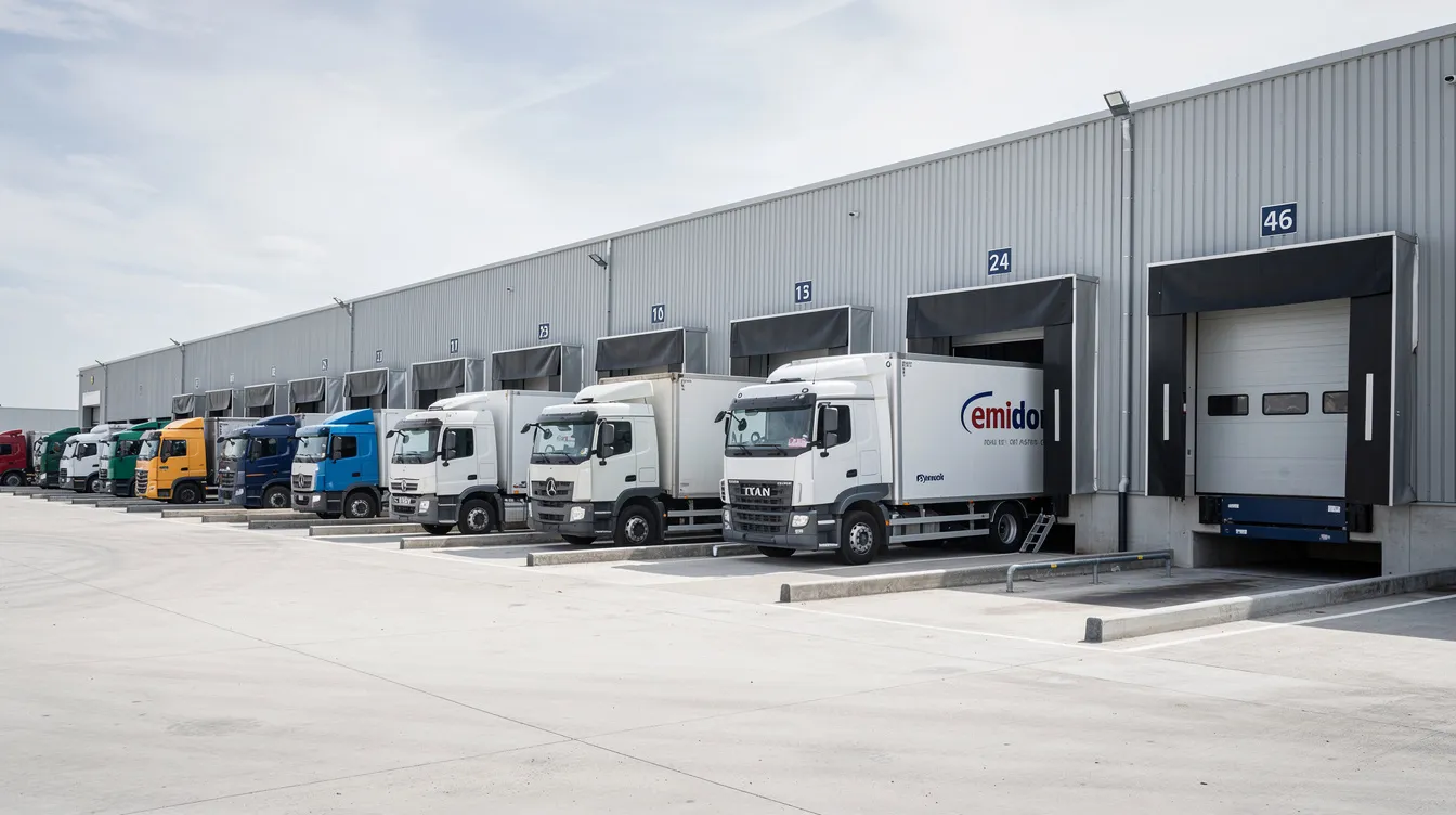 Die Laderampe eines Logistikzentrums zeigt mehrere nebeneinander angeordnete Industrietore, die für den Versand von Waren genutzt werden. Geparkte LKW stehen bereit, um die Effizienz und Sicherheit beim Be- und Entladen zu gewährleisten.