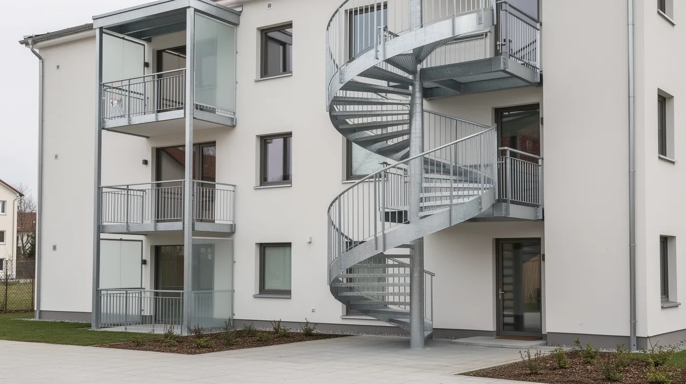 Die verzinkte Außen-Spindeltreppe aus Stahl führt zu einem Balkon eines Mehrfamilienhauses und ist mit einem stabilen Geländer ausgestattet. Die Treppe hat eine elegante wendeltreppe-Form und bietet einen sicheren Zugang zu den oberen Geschossen.