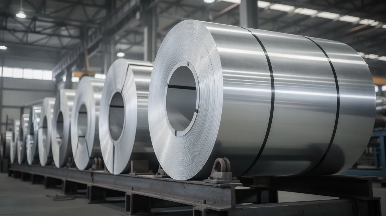 In einer Industriehalle sind aufgerollte Federstahl-Coils in verschiedenen Breiten nebeneinander aufgereiht, deren silbern glänzende Oberfläche die Eigenschaften hochwertiger Werkstoffe widerspiegelt. Diese Produkte aus Federbandstahl sind ideal für Anwendungen im Maschinenbau und Werkzeugbau.