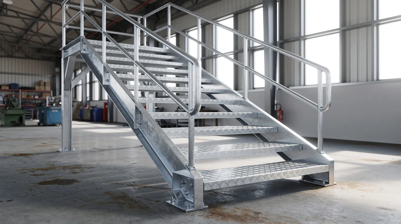 Die industrielle Außentreppe besteht aus Aluminium-Riffelblech-Stufen, die eine rutschfeste Oberfläche bieten und in einer Werkhalle bei Tageslicht sichtbar sind. Die Struktur der Treppenstufen sorgt für Sicherheit und Stabilität im Außenbereich.