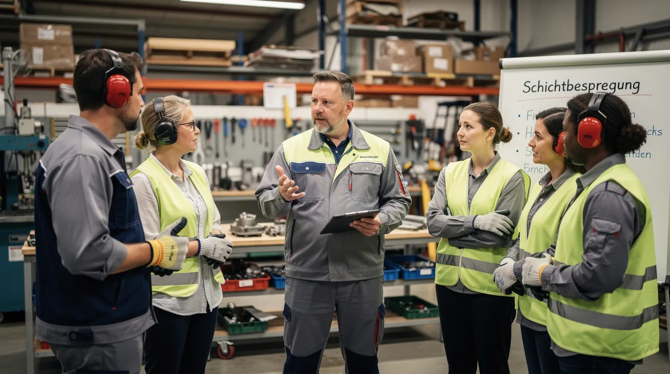 Ein Team von Fachkräften in einer Werkstatt diskutiert mit dem Schichtleiter über aktuelle Fertigungsprozesse und organisatorische Abläufe in der Metallverarbeitung. Die Besprechung dient der Verbesserung der Arbeitsorganisation und der Qualität in der Produktion.