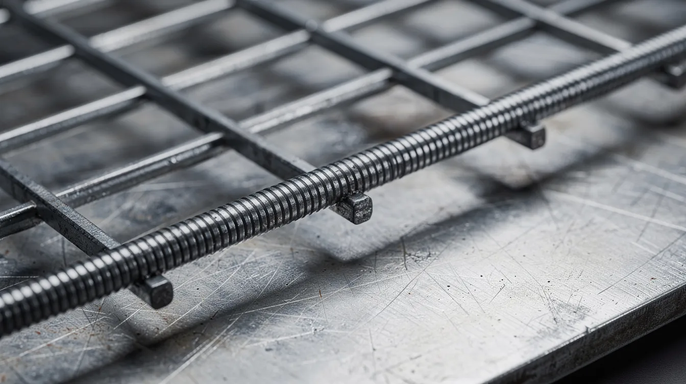 Die Nahaufnahme zeigt einen robusten Stahlgitterrost mit klar erkennbaren Tragstäben und Querstäben, der auf einer Metalloberfläche liegt. Die Struktur vermittelt Stabilität und ist ideal für industrielle Anwendungen oder als Teil von Treppenanlagen.