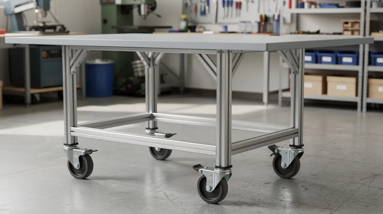 Ein fertiger Arbeitstisch aus Aluminiumprofilen steht in einer Werkstatt. Der Tisch ist mit Rollen ausgestattet und verfügt über höhenverstellbare Stellfüße, die eine flexible Nutzung ermöglichen.