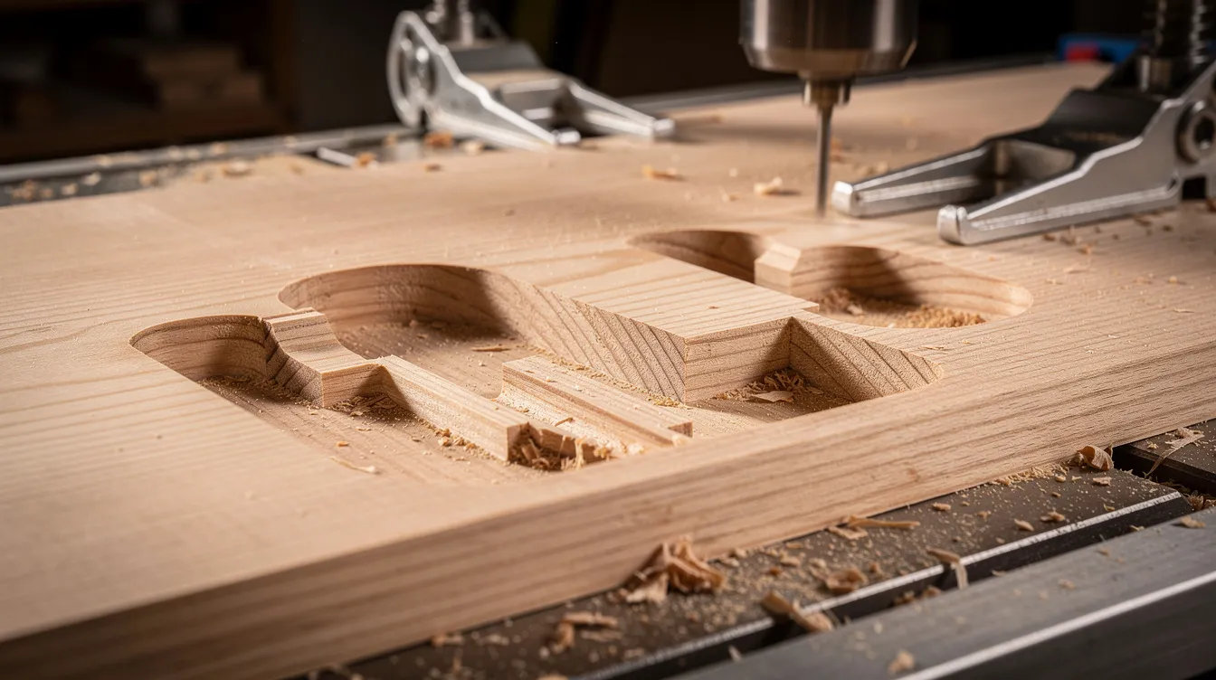 Die Nahaufnahme zeigt eine präzise gefräste Holzplatte mit klaren Taschen und Konturen, die von einer CNC-Fräse bearbeitet wurde. Diese Detailaufnahme verdeutlicht die exakte Verarbeitung und die Qualität der CNC-Maschine im Bereich der Holzfertigung.