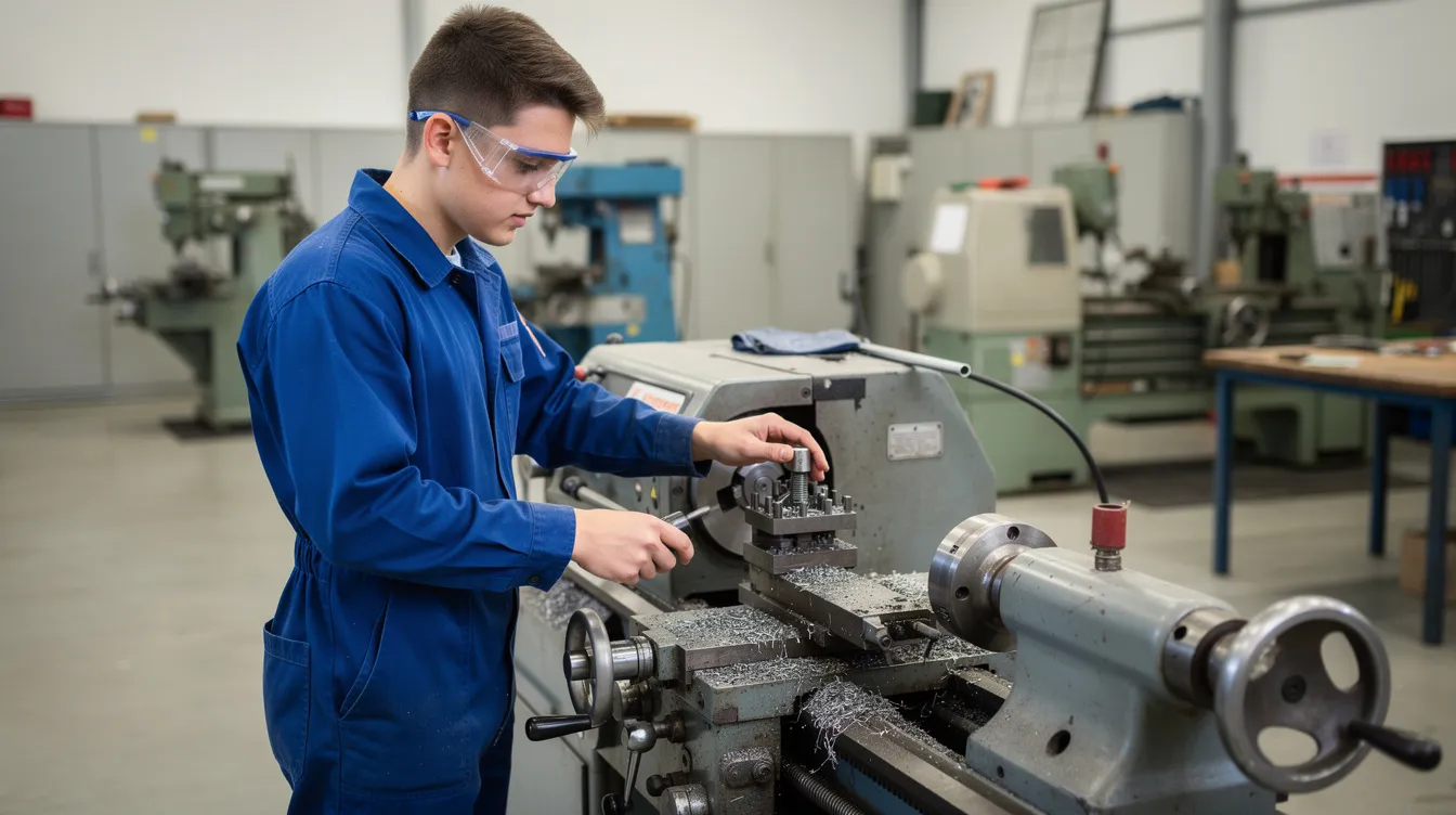 Ein junger Auszubildender mit Schutzbrille steht an einer konventionellen Drehmaschine in einer Lehrwerkstatt und führt präzise Tätigkeiten zur Fertigung von Bauteilen aus. Diese Ausbildung zum Zerspanungsmechaniker umfasst den Umgang mit Werkzeugmaschinen und das Know-how in der Metallbearbeitung.