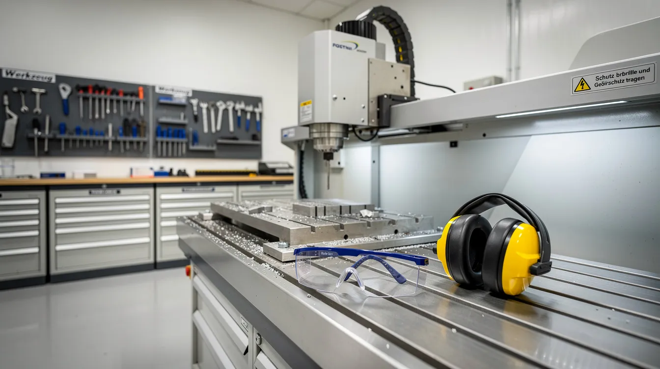 Das Bild zeigt eine CNC-Fräse in einer aufgeräumten Werkstatt, auf der Arbeitsfläche liegen eine Schutzbrille und Gehörschutz bereit. Diese Umgebung vermittelt einen professionellen Eindruck und ist ideal für die CNC-Bearbeitung und Schulungen im Bereich Fräsen.