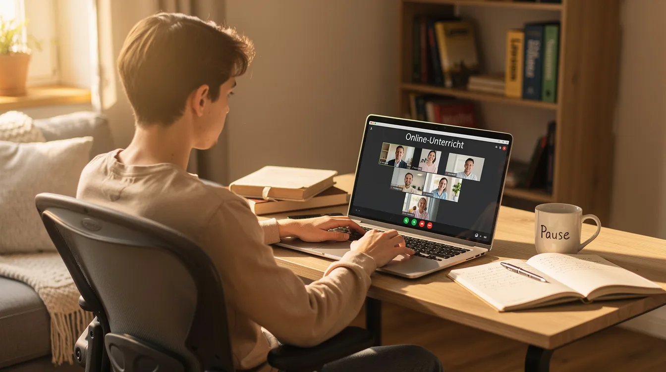 Eine Person sitzt an einem Schreibtisch zu Hause vor einem Laptop und nimmt an einem Videokonferenz-Unterricht teil, der sich auf die Weiterbildung zum Industriemeister Metall IHK konzentriert. Der Raum ist hell und ordentlich, während auf dem Laptop Bildschirm Inhalte über Fertigungsprozesse und Arbeitsorganisation in der Metallbranche zu sehen sind.