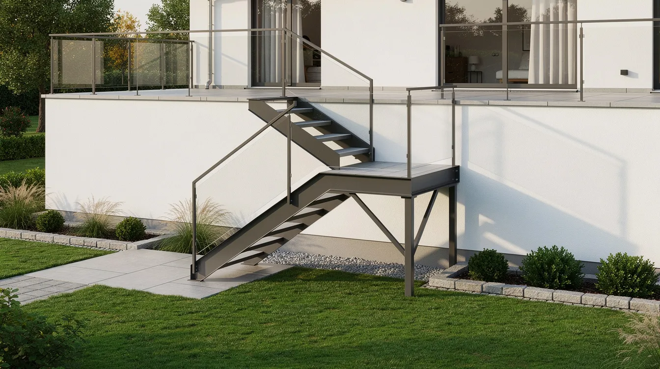 Die moderne Außentreppe aus Metall führt elegant von der Terrasse eines zeitgenössischen Einfamilienhauses mit weißer Putzfassade in einen gepflegten Garten. Die Stufen sind stabil und bieten einen sicheren Zugang zum Außenbereich, ideal für Gartenliebhaber.