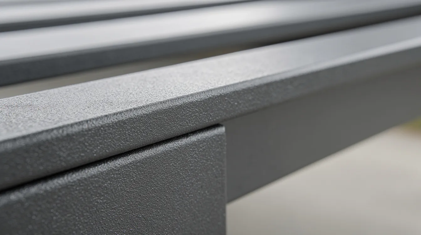 Die Nahaufnahme zeigt pulverbeschichtete Aluminiumprofile einer stabilen Pergola in Anthrazitgrau, die für den Außenbereich geeignet ist und Witterungseinflüssen standhält. Diese Metallpergola bietet eine moderne Gestaltungsmöglichkeit für Terrassen und Gärten.