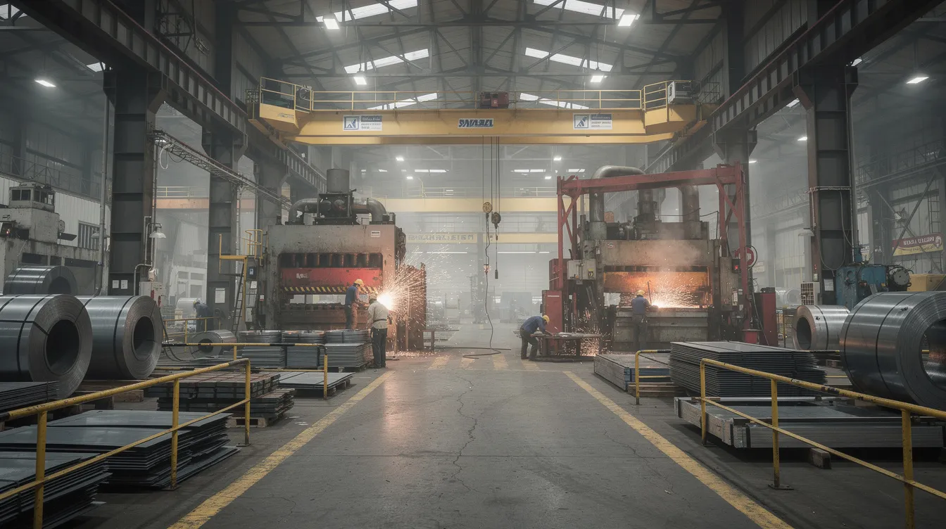 In einer großen Industriehalle sind mehrere Kräne und Stahlkonstruktionen zu sehen, während Schweißer und Schweißerinnen an Metallteilen arbeiten. Die Umgebung ist geprägt von einem industriellen Flair, in dem verschiedene Schweißverfahren zur Anwendung kommen, um Metall zu verbinden und hochwertige Schweißnähte zu erzeugen.