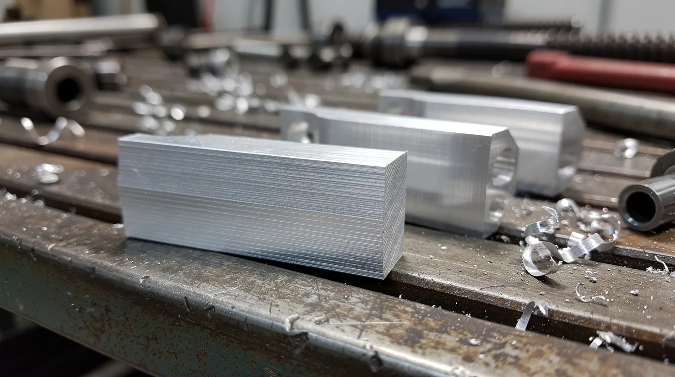 Die Nahaufnahme zeigt präzise gefräste Aluminiumbauteile auf einer Werkbank, die aus verschiedenen Aluminiumlegierungen gefertigt sind. Die Oberfläche der Bauteile reflektiert das Licht und verdeutlicht die hohe Qualität und Festigkeit der verwendeten Materialien.