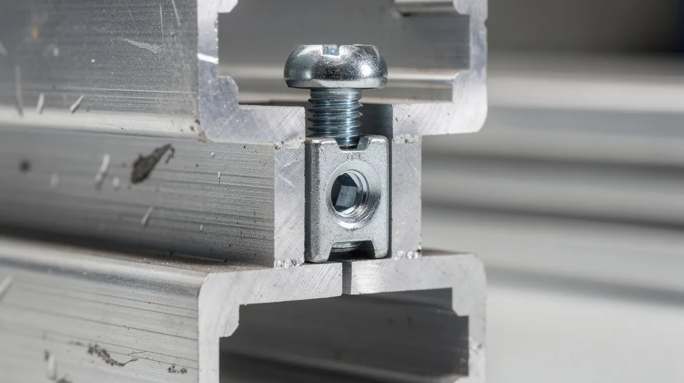 Die Nahaufnahme zeigt eine T-Nut in einem Aluminiumprofil, in die ein Nutenstein und eine Hammerkopfschraube eingesetzt sind. Diese Verbindungstechnik ist ideal für Konstruktionen und Projekte im Maschinenbau, da sie Stabilität und Flexibilität bietet.