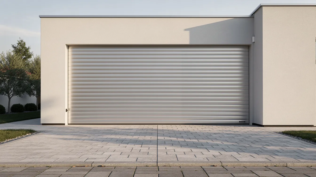 Das Bild zeigt ein modernes Aluminium-Rolltor an einer zeitgenössischen Garage, umgeben von einer gepflasterten Einfahrt, die bei Tageslicht gut erkennbar ist. Die Aluminium-Lamellen des Garagentors verleihen dem Gesamtbild eine elegante und funktionale Note.