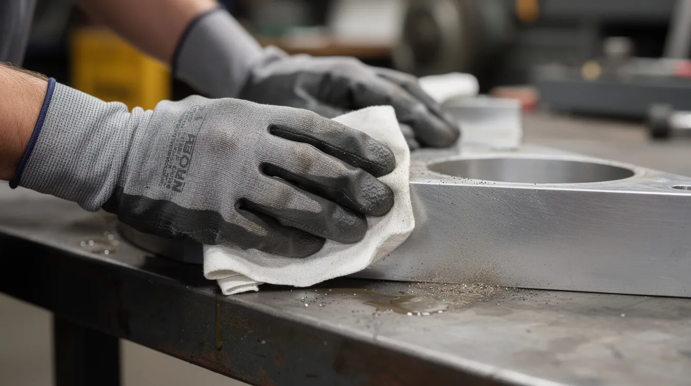 Auf der Werkbank sind Hände in Schutzhandschuhen zu sehen, die ein Stahlteil mit einem Tuch reinigen. Diese Oberflächenbehandlung dient der Vorbereitung des Metalls für das Brünieren, um eine Schutzschicht gegen Korrosion zu schaffen.