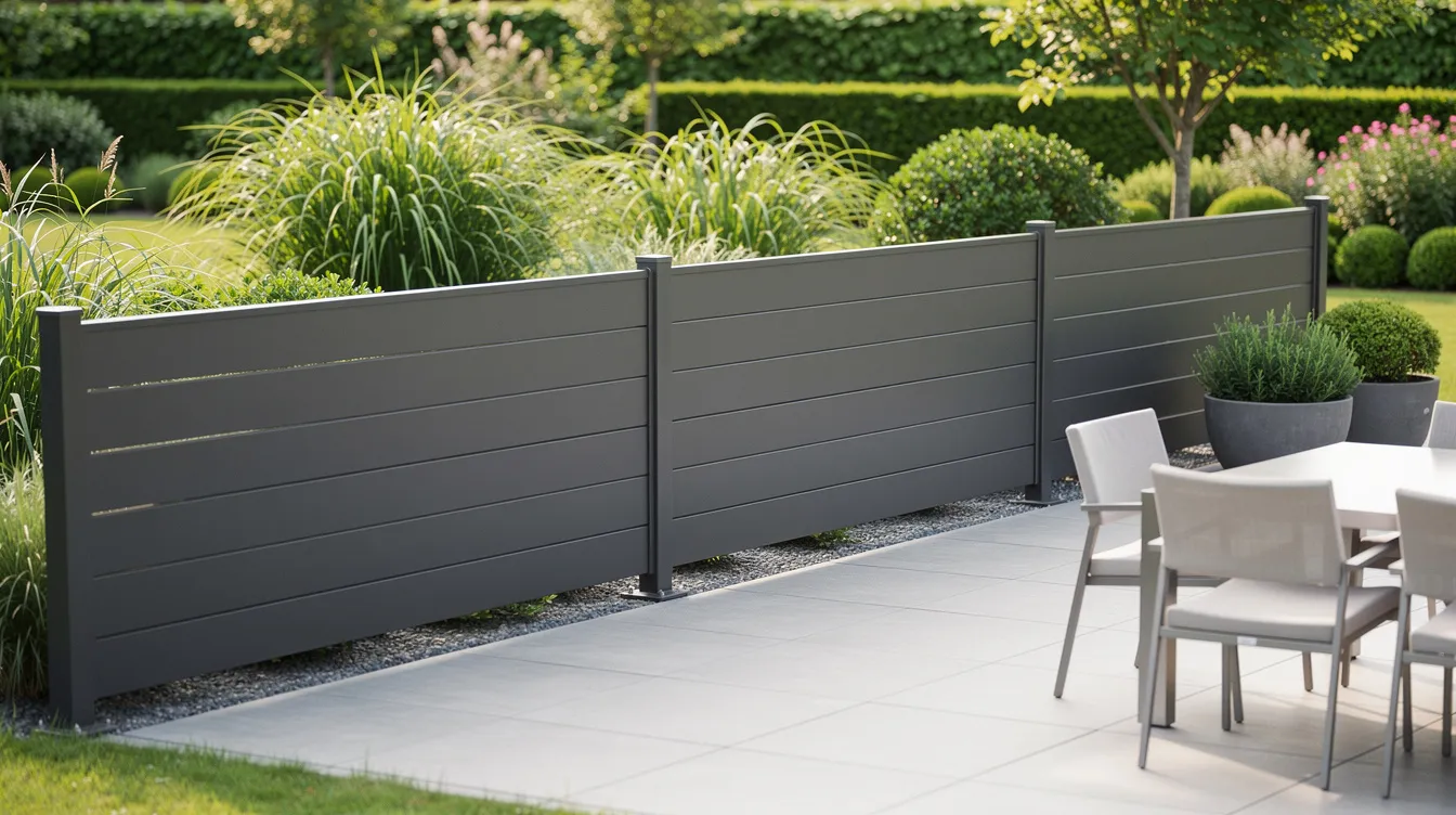 Eine moderne Sichtschutzwand aus Aluminium steht in einem gepflegten Garten, umgeben von grünen Pflanzen und einer Terrasse. Diese Sichtschutzlösung bietet Privatsphäre und Schutz vor Wind und Blicken, während sie gleichzeitig ein elegantes Design und Stabilität ausstrahlt.