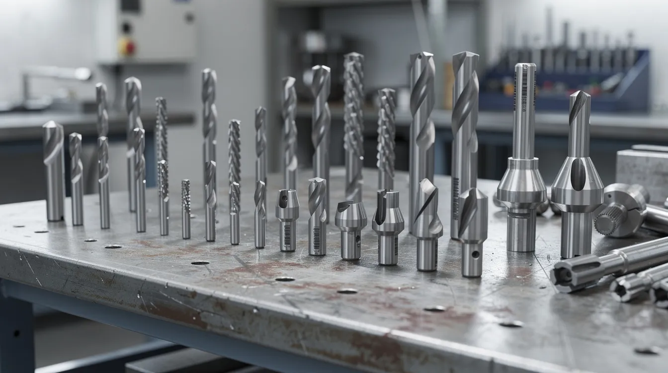 Auf der Werkbank liegen verschiedene Bohrer und Fräswerkzeuge aus Schnellarbeitsstahl, die unterschiedliche Eigenschaften und eine Vielzahl von Anwendungen in der Metallbearbeitung bieten. Diese Werkzeuge sind aus hochwertigen Stahllegierungen gefertigt, die für ihre Härte und Zähigkeit bekannt sind und somit ideale Voraussetzungen für den Einsatz in der Werkzeug- und Automobilindustrie schaffen.