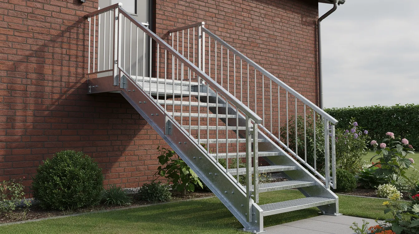 Die geradläufige Außentreppe aus feuerverzinktem Stahl mit Gitterroststufen führt von einem Seiteneingang an einer roten Klinkerfassade in den Garten. Diese Stahltreppe bietet einen stabilen Zugang zum Außenbereich und verbindet die verschiedenen Ebenen des Hauses.
