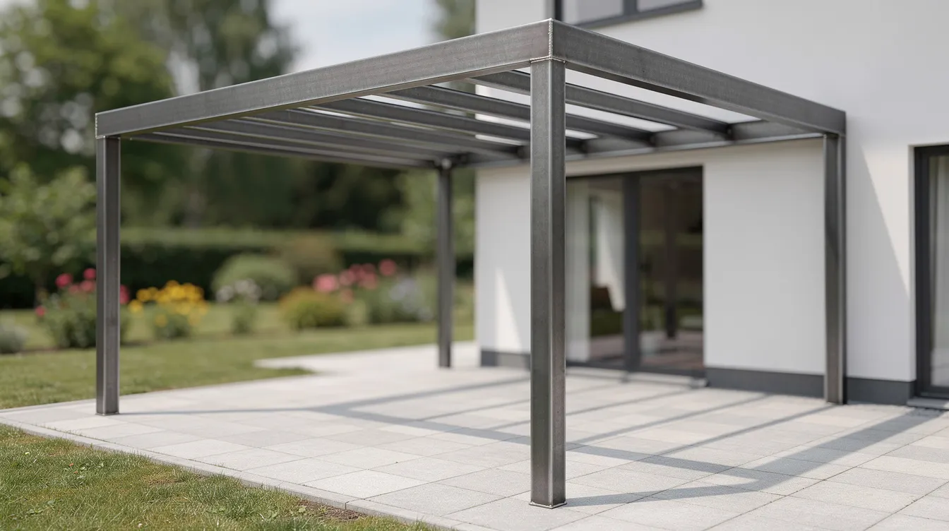 Das Bild zeigt einen stabilen Stahlrahmen einer Terrassenüberdachung, gefertigt aus geschweißten Vierkantrohren. Die Struktur ist in einer klaren, geometrischen Form gehalten und betont die Robustheit und Haltbarkeit des Materials, ideal für verschiedene Bauprojekte.